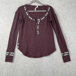Free People We The Free Waffle Knit Henley Top Womens XS Burgundy Long Sleeve